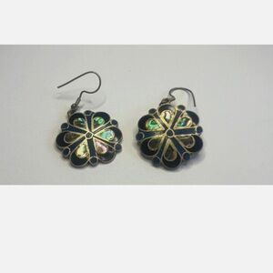Vintage Alpaca Mexico Silver Tone Abalone Flower Earrings